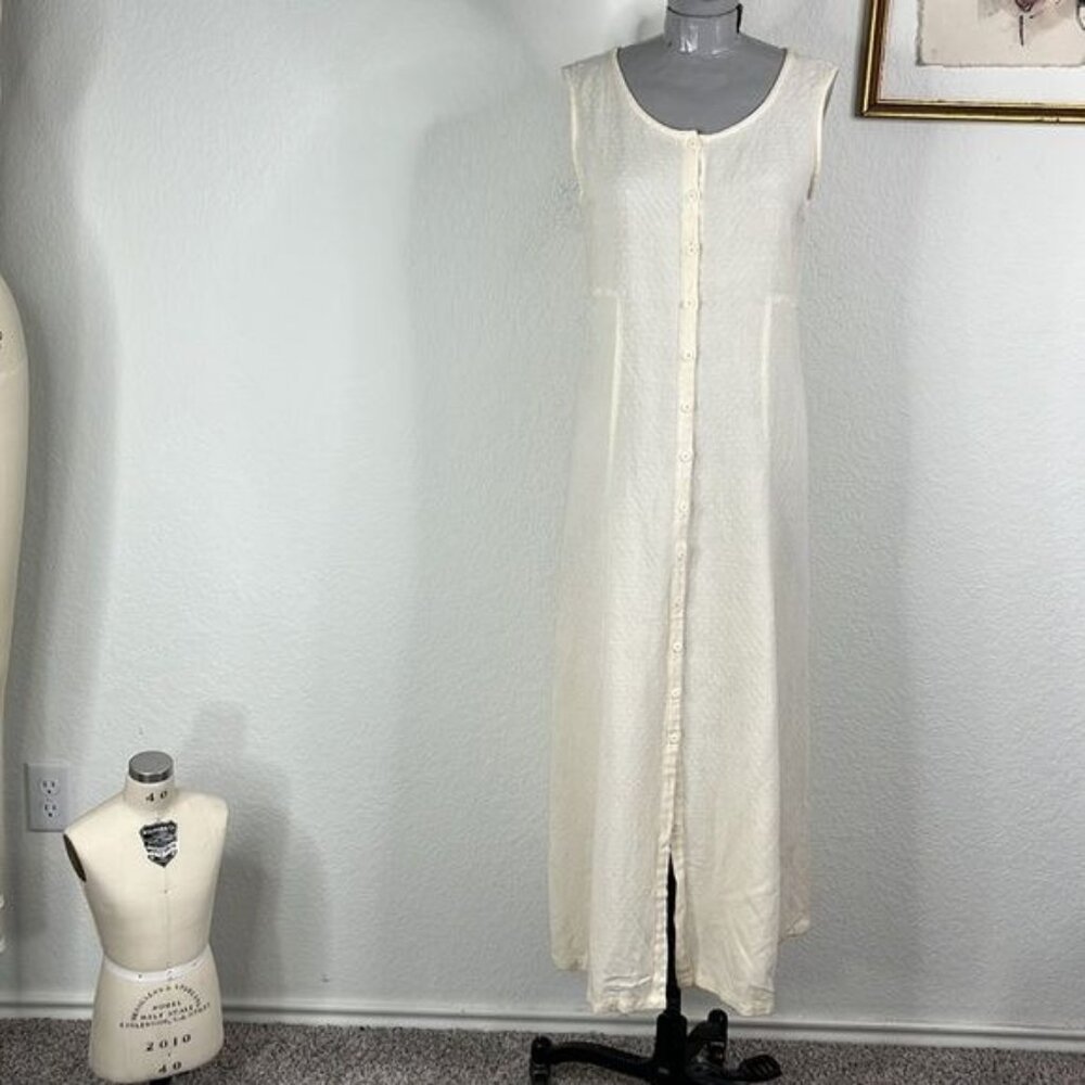 Eileen Fisher Linen Tie Back Perforated Button Sleeveless Dress